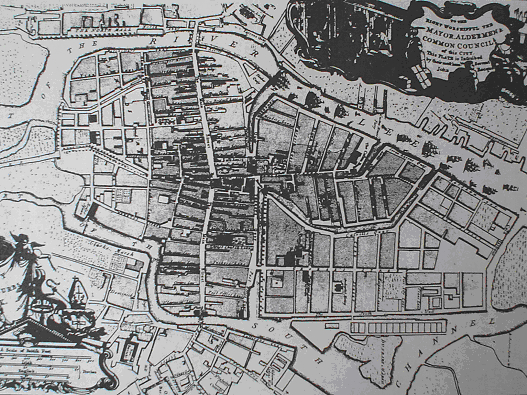 Cork nel 1774. Da: J.Connor, Map of the City and Suburbs of Cork , 1774