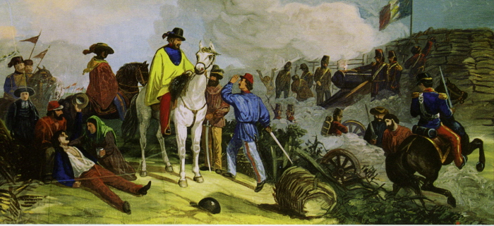 2. 1849: Garibaldi on his white horse defending Rome,
as Anita tends to a soldier at his side.